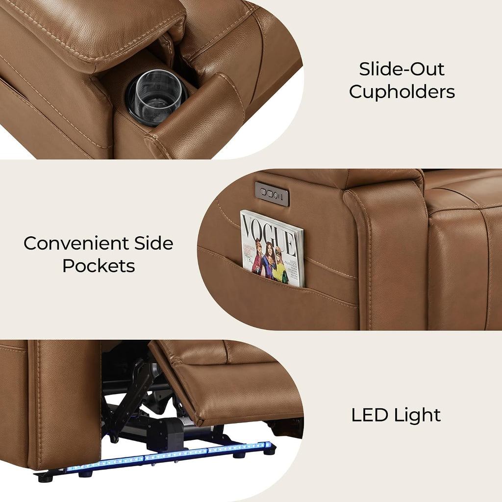 Power Recliner Chair with LED Light, 165° Lay Flat Recliner with USB & Type-C Charging Ports, Genuine Leather