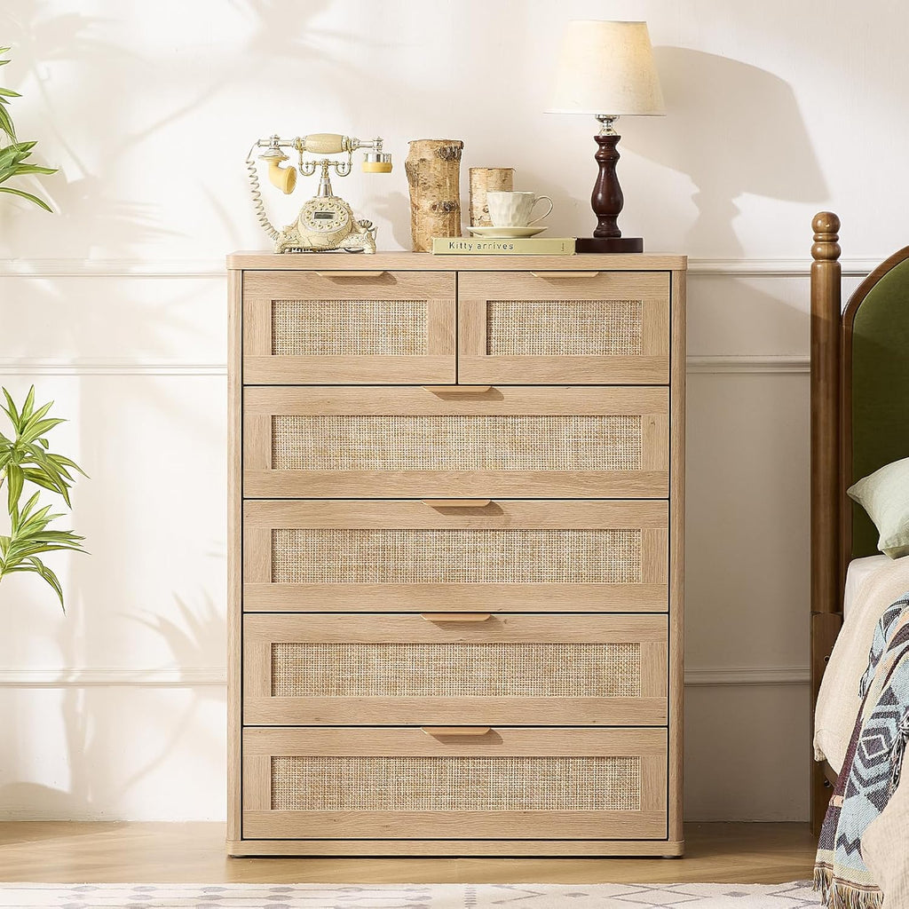 Rattan Dresser , 41" Tall Chest of Drawers | Gold Metal Handle, Oak Modern 6 Drawers Boho Dressers with Storage