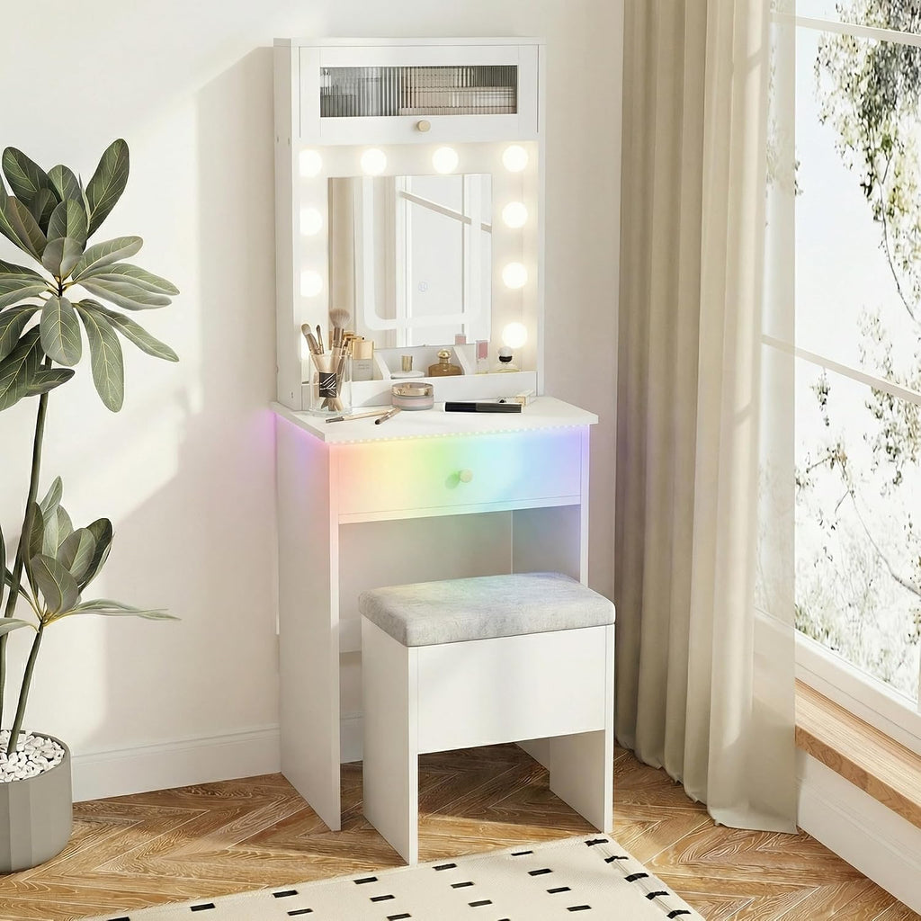 Small Vanity with Mirror & RGB Light White Makeup Set | Table Storage Rack, Mini Vanity with Storage Chair, Space