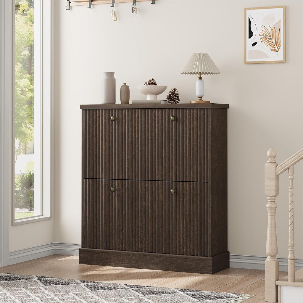 Fluted Shoe Cabinet with 2 Flip Drawers, Narrow Cabinet with Adjustable Shelves and Elegant Handles, Wooden Shoe