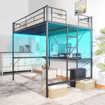 Full Metal Loft Bunk Bed Frame for Kids Teens Adults with Desk Underneath,2 Charging Station,LED Lights,Safety