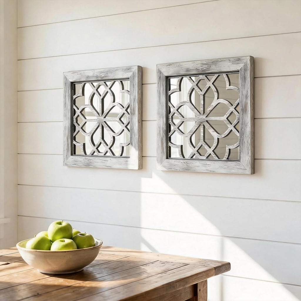 Boho Wall Mirror Decor, Set of 2 Rustic Farmhouse Accent Mirror 12x12 Inch, Square Shatterproof Vintage Style Mirrors