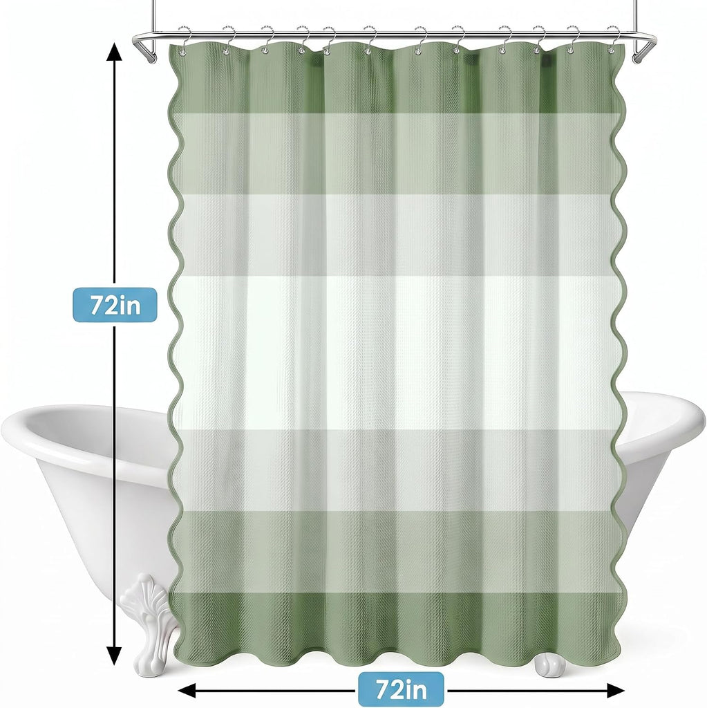 Scalloped Shower Curtain with PEVA Liner Set, Sage Green Striped Modern 3 in 1 Heavy Duty Waffle Weave Waterproof