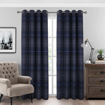 100% Blackout Woolen Look Plaid Curtains Modern Window Panels Navy Blue Checkered Tartan Curtains Bedroom 2 Panels