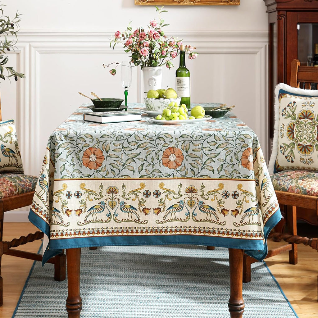 Designer French Linen Blue Tablecloth for Rectangle Table,Vintage Floral Table Cloth,Colorful Decoration Fall Cover