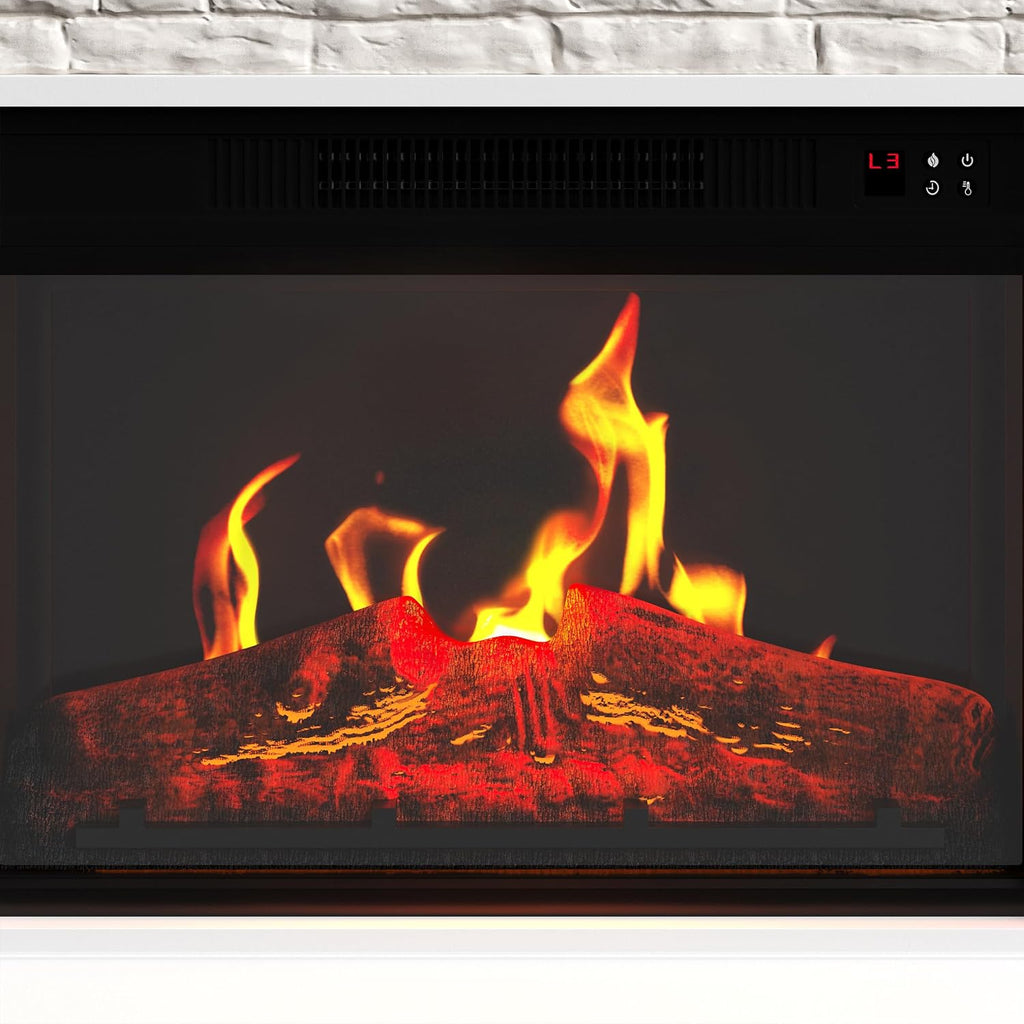 Electric Fireplace with Mantel - Freestanding Heater with Remote Control, Light-Adjustable LED Flames, and Faux Logs