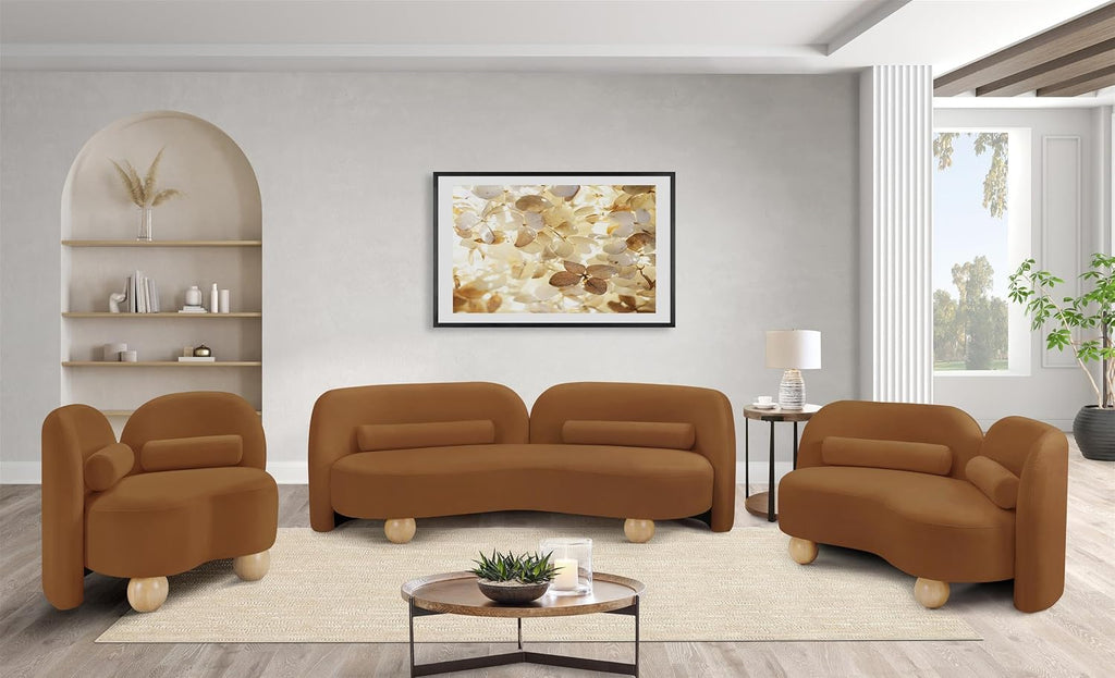 44002Saddle-L Daphne Collection Art Deco Loveseat with Rich Saddle Velvet Fabric, Solid Wood Ball Legs, Solid Wood