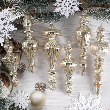 Mercury Glass Christmas Ornaments, Vintage Finial Decorations, Silver, 6-Pc - Set of 6