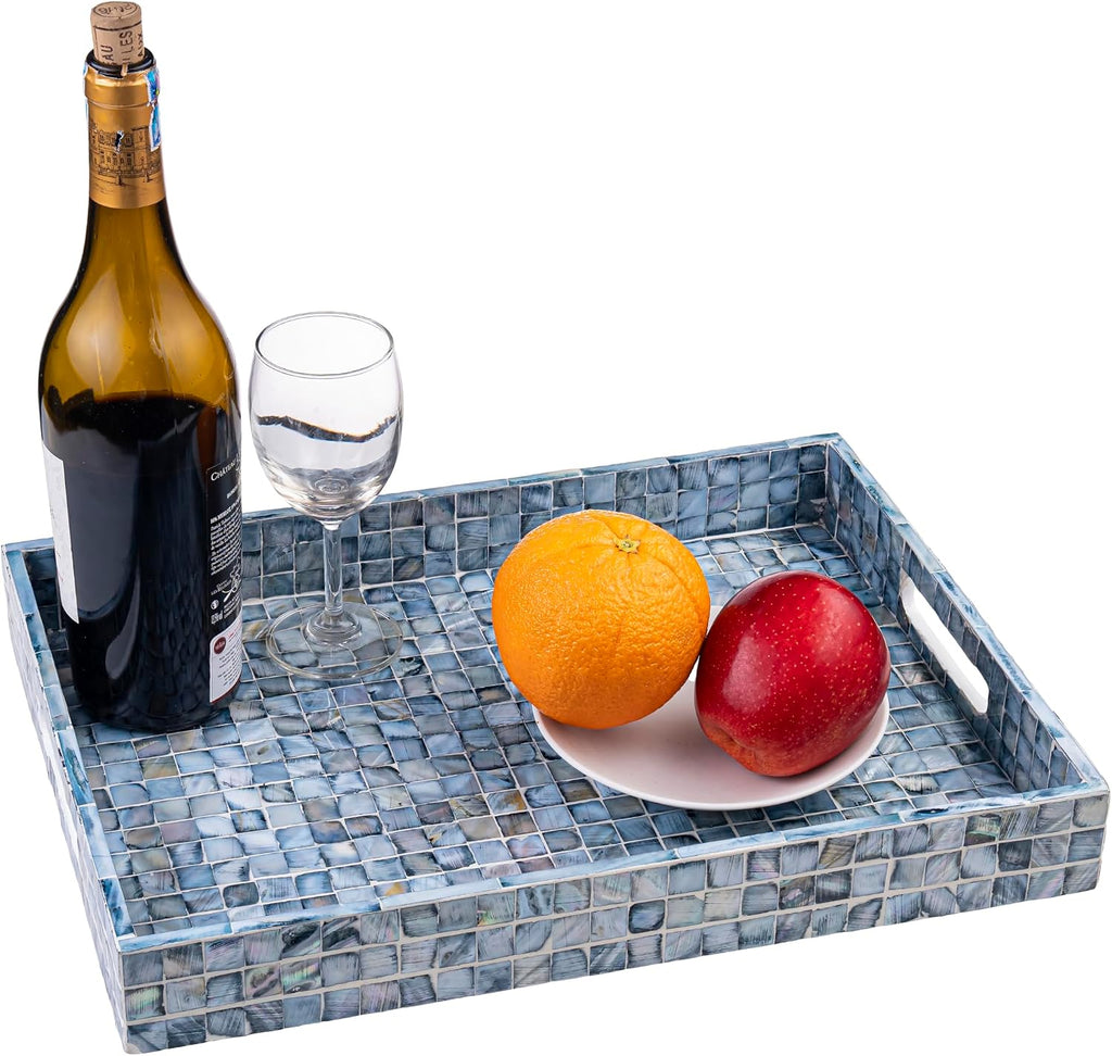 Rectangular Mother of Pearl Serving Tray Nacre Wood Lap Ottoman Tray for Coffee Table, Luxury Decorative Eating