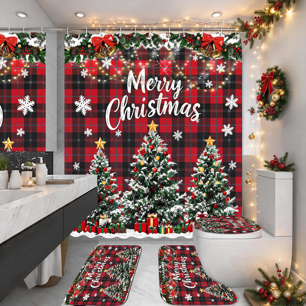 4Pcs Christmas Set Red Buffalo Plaid Bathroom Set