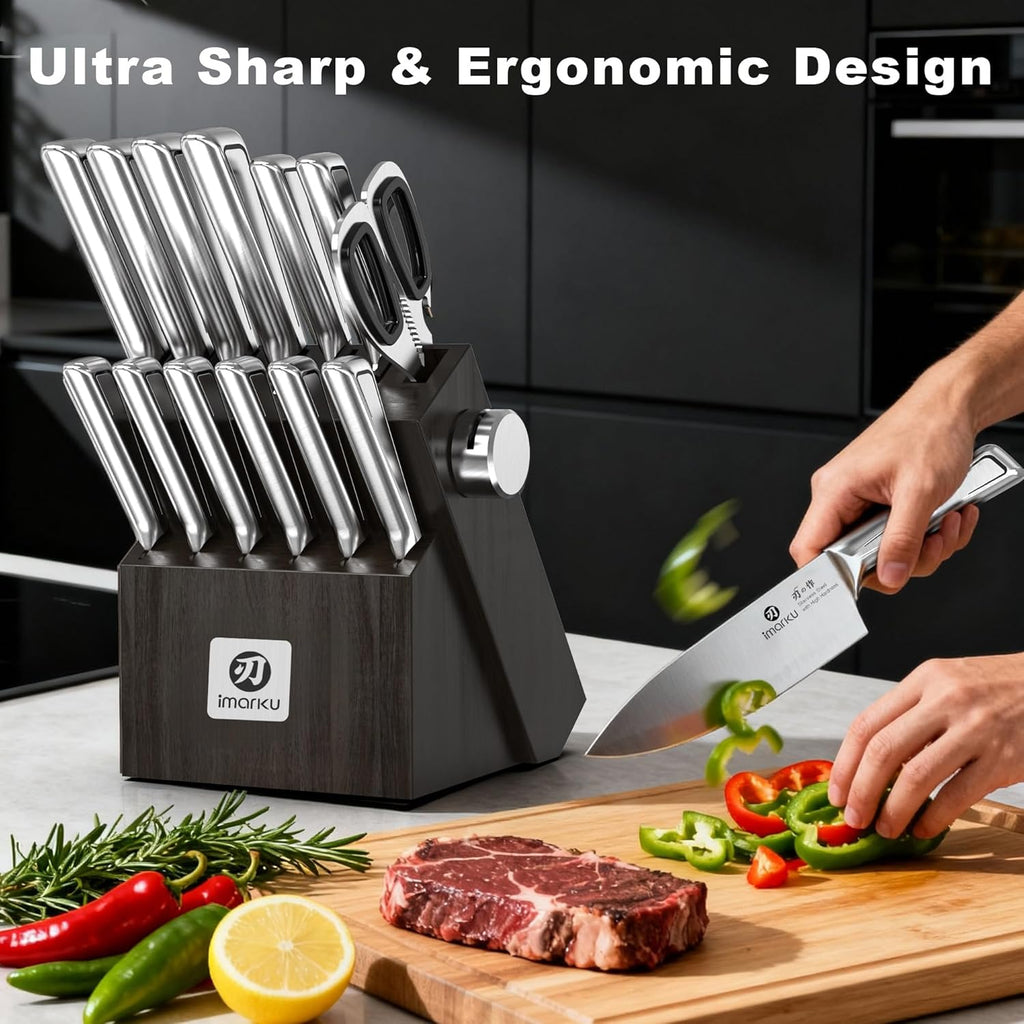 14 PCS Knife Set with Block, High-Carbon Steel, Built-in Sharpener | Japanese Kitchen Knife Set,Stainless