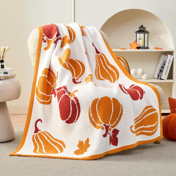 Fall Throw Blanket for Couch Pumpkin Harvest Maple Leaves Themed, Chenille Knit Stitch Pattern Soft Cozy for Sofa