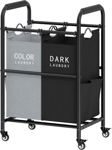 2 Bag Laundry Sorter Cart, Black & Grey | 50lbs Large Capacity, Removable Laundry Bags, Heavy Duty Lockable Rolling