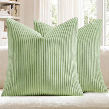 Spring Striped Corduroy Pillow Covers 20x20, Set of 2, Sage Green