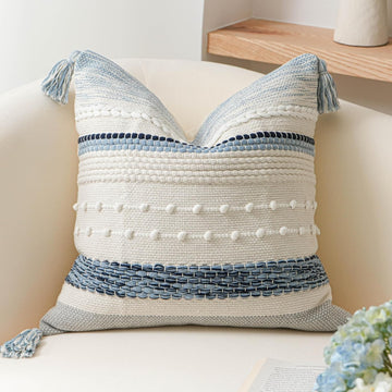 Coastal Blue Boho Decorative Throw Pillow Cover 20x20 Modern Bohemian Accent Pillow Case Square Woven Textured
