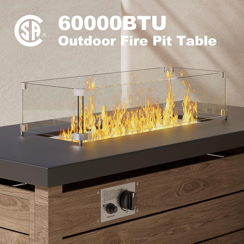 Outdoor Propane Fire Pit Table, 60,000 BTU Rectangular Gas Fire Pit | with Lid, Glass Bead and Top Cover, 3 in 1 Fire