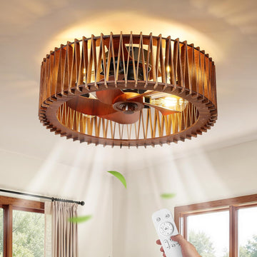 20" Flush Mount Caged Ceiling Fan with Light, Farmhouse Low Profile Ceiling Fan with Remote