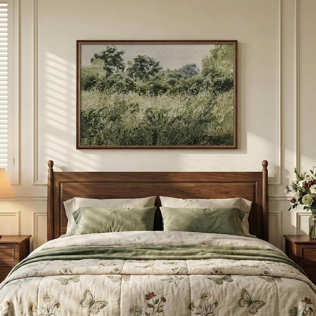 Large Framed Vintage Wall Art, Modern Farmhouse Green Botanical Landscape Canvas Painting Prints, Rustic Cottage Core