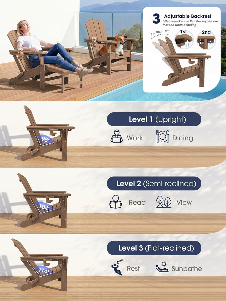 Folding Adjustable Adirondack Chair with Ottoman & 2 Cup Holders Set of 2, HDPE Adirondack Recliner Chair with