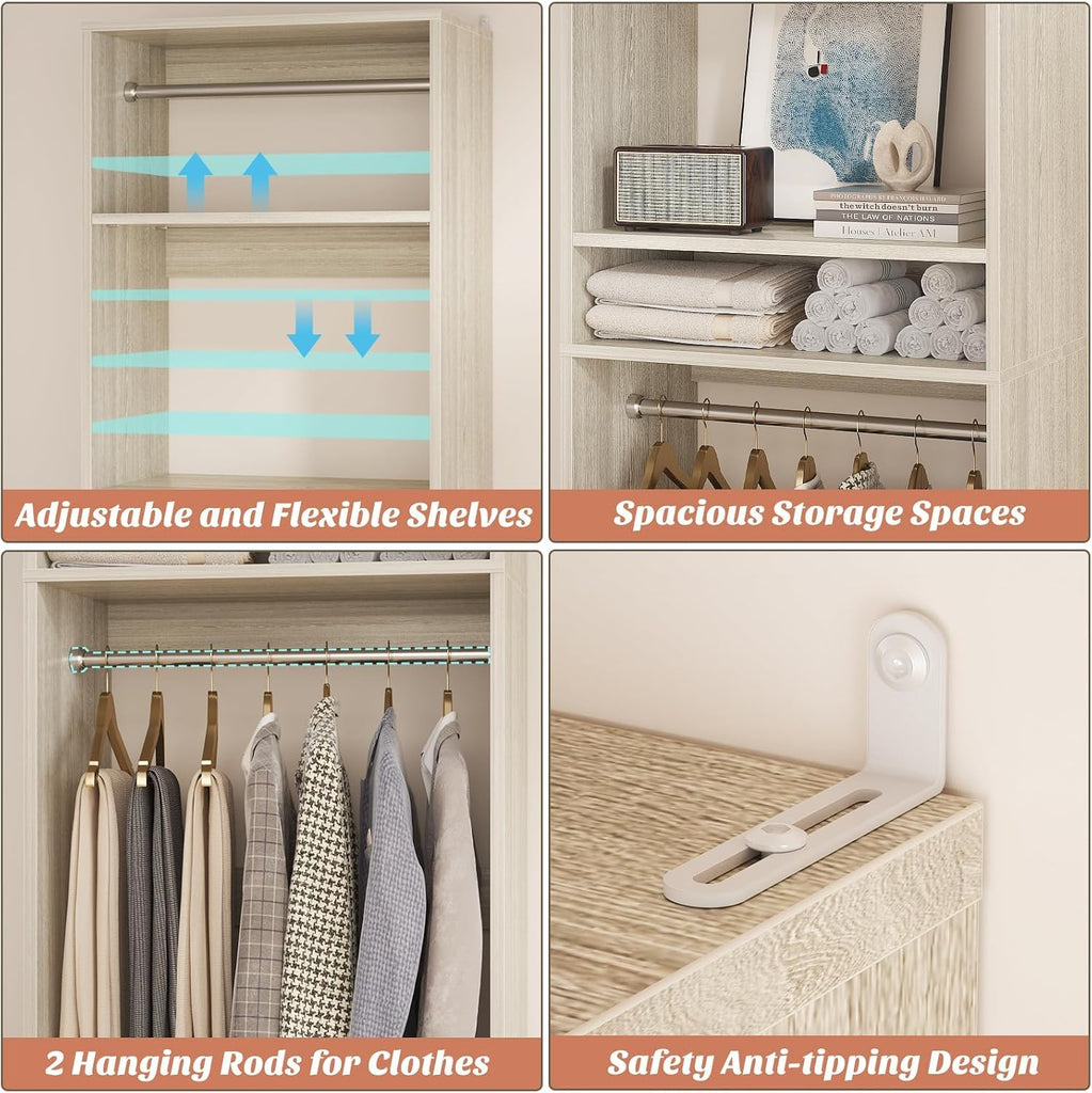 25" Closet System, Freestanding Closets Organizer Wardrobe with Hanging Rods and Shelves, Adjustable Clothes Garment