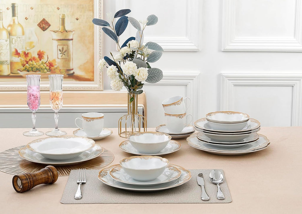 Catherine 24 Piece Porcelain Dinnerware Set, Gold