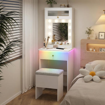 Small Vanity with Mirror & RGB Light White Makeup Set | Table Storage Rack, Mini Vanity with Storage Chair, Space