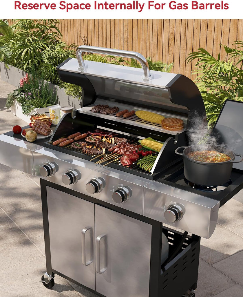 4-Burner Propane Gas Grill with Side Burner, 49,000 BTU Stainless Steel BBQ Grill with Cast Iron Grates and Side Tables (Black & Silver)
