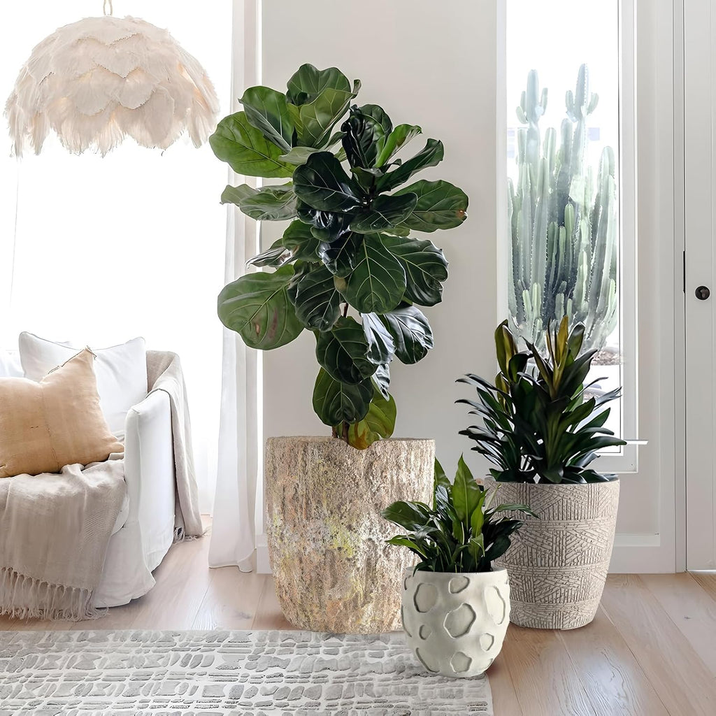 Round Concrete Style Planter Set of 3, Large Outdoor Flower Pots with Drainage, Stone Texture Plant Pots for Indoor