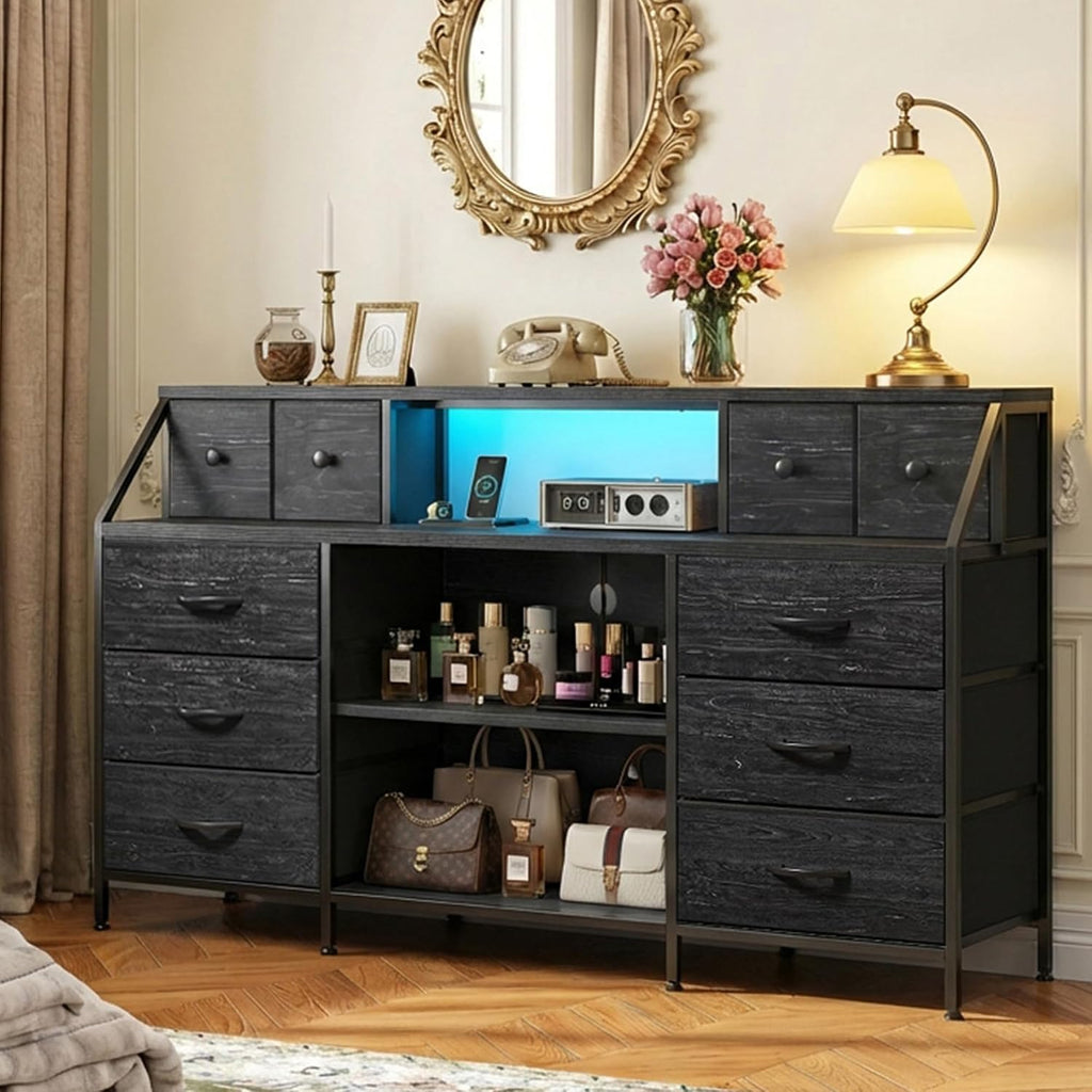 Black 55" Dresser with Charging Station & LED Lights Chest of Drawers with Detachable Mesh Door Bedroom Living Room