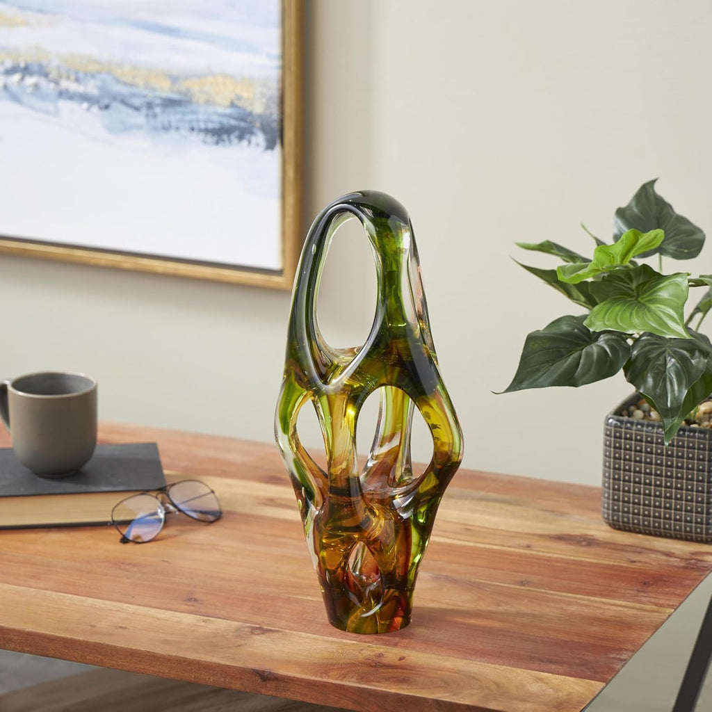 79 Glass Abstract Decorative Sculpture Ombre Cutout Home Decor Statue with Amber Accents, Accent Figurine 6" x 5" x