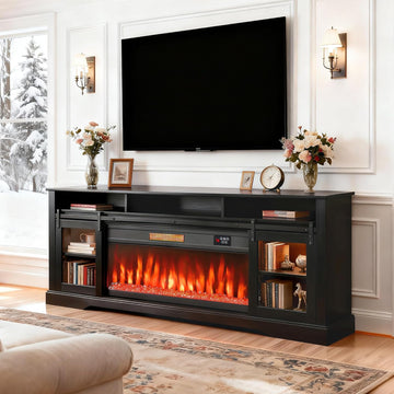 Fireplace TV Stand for TVs Up to 80 Inches, Modern Entertainment Center with 36" Glass Electric Fireplace & LED Lights