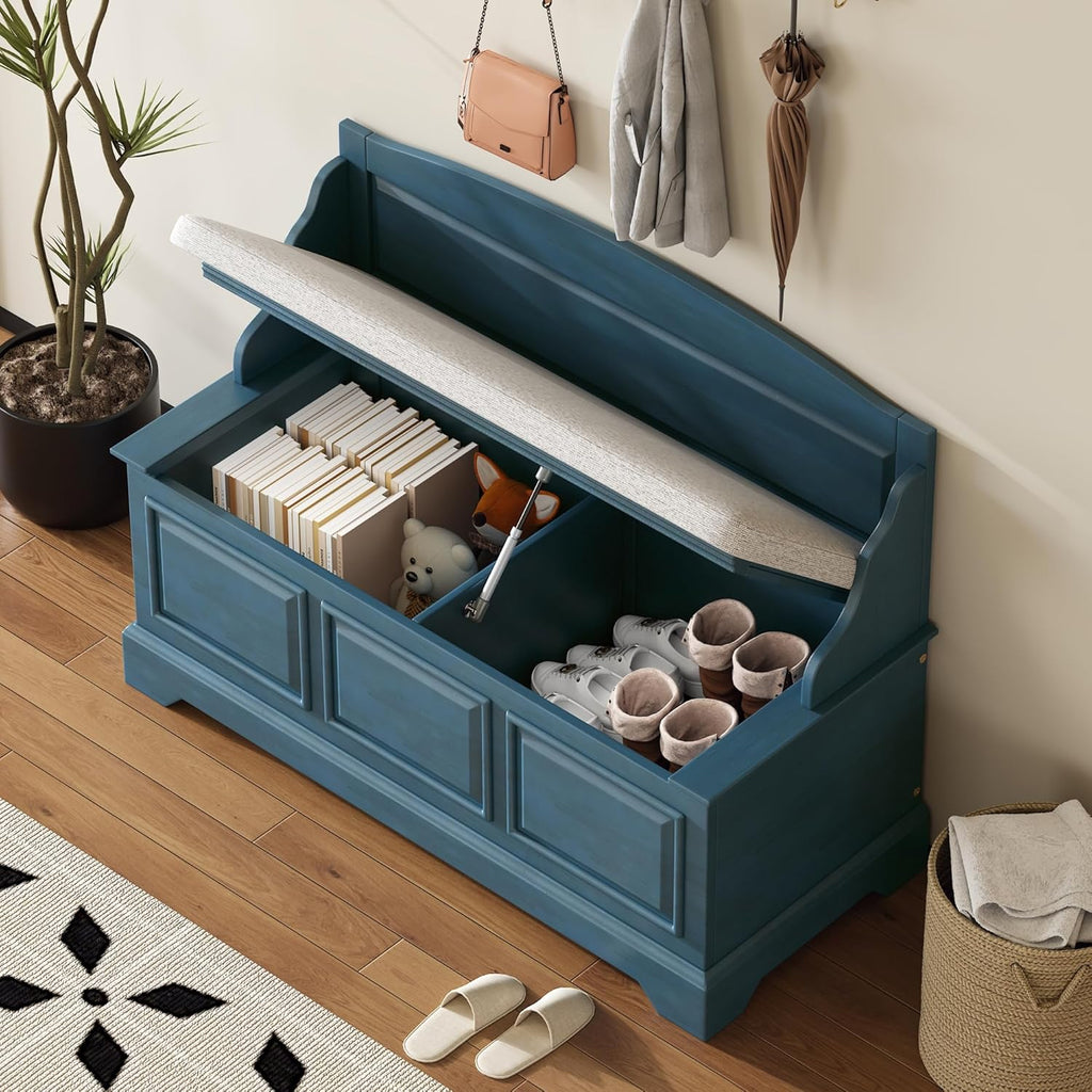 Rustic Entry Storage Bench with Hidden Compartments and Removable Cushion, Wooden Entryway Hallway Foyer Shoe Bench