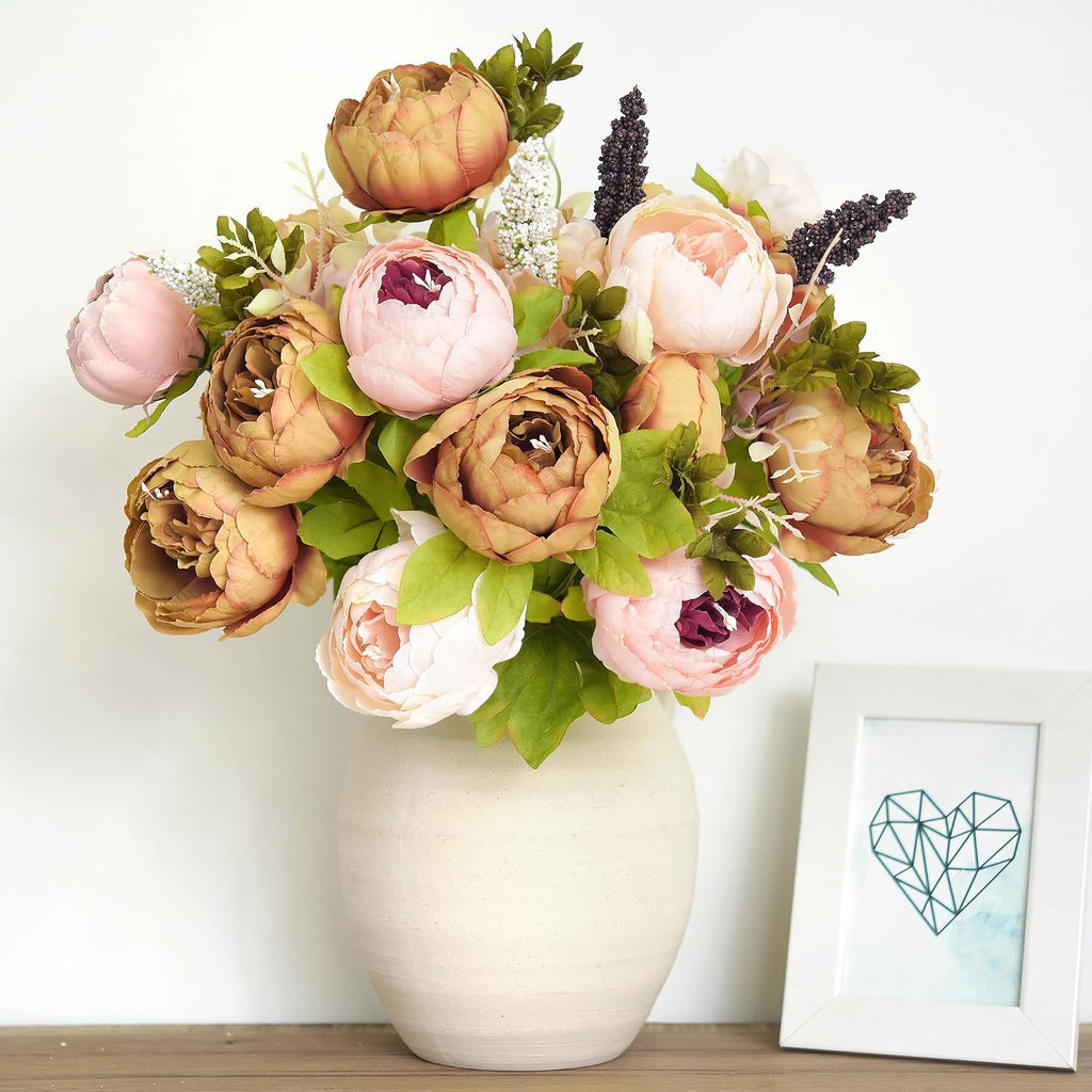 Artificial Peony Bouquets, 2 Silk Flower Bundles in Mixed Pale Pink & Tawny Brown with Hydrangeas for Wedding