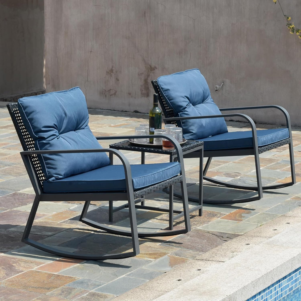 3 Piece Rocking Bistro Patio Set, Outdoor Rocking Chair, Outdoor Bistro Sets Wicker Patio Furniture Rocking Chairs