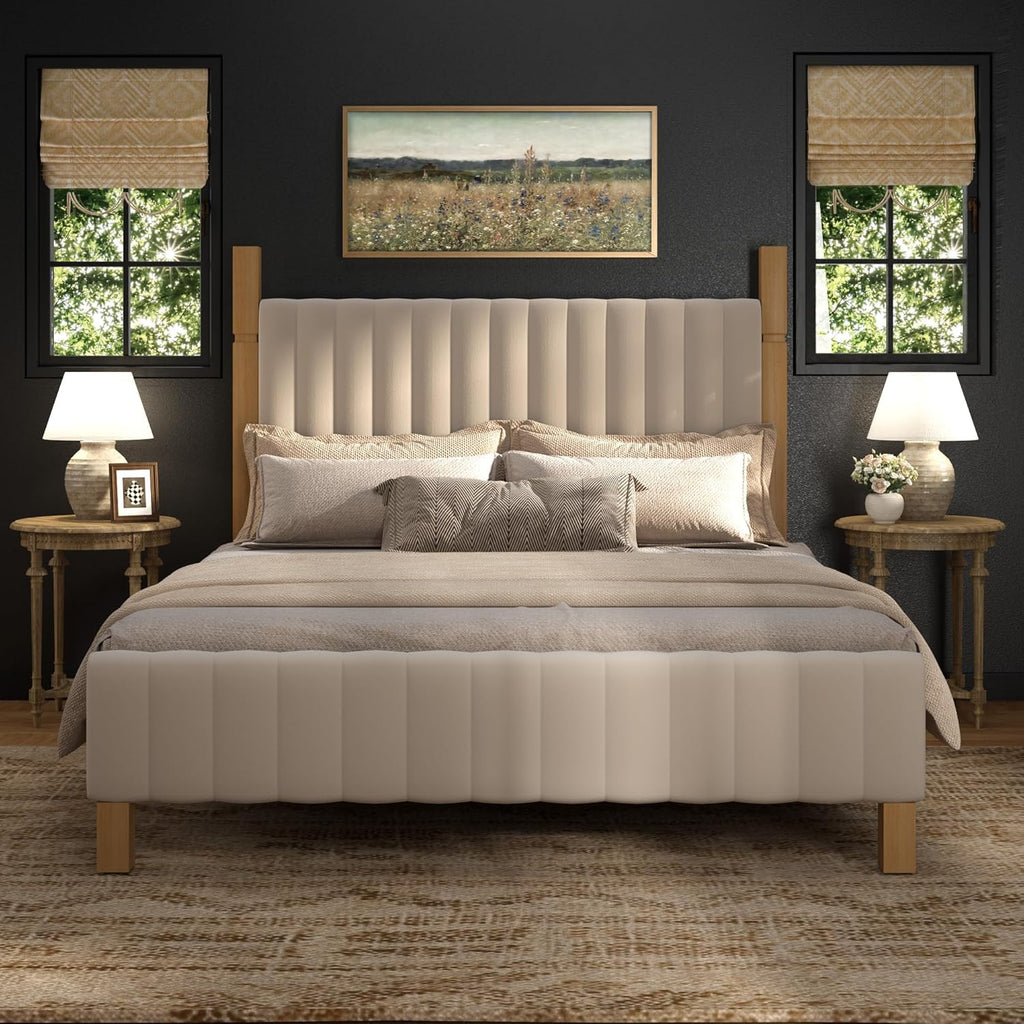 Queen Bed Frame with Headboard, Solid Wood Bed Frame Queen, Platform Bedframe Noise Free, No Box Spring Needed, Beige