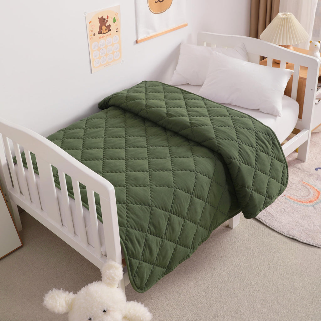 Down Alternative Toddler Comforter, Lightweight and Warm Solid Color Baby Crib Quilted Blanket, 39x47 inches, Olive