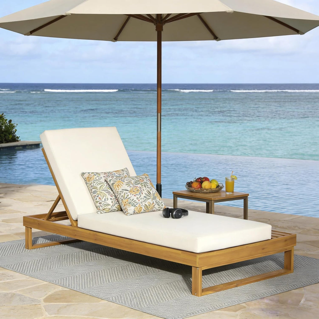 Acacia Wood Chaise Lounge Chair with 3-Fold Cushion, Outdoor Chaise Lounge with 4-Position Adjustable Backrest