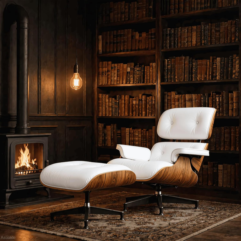 Modern Reading Chair and Ottoman — White Leather