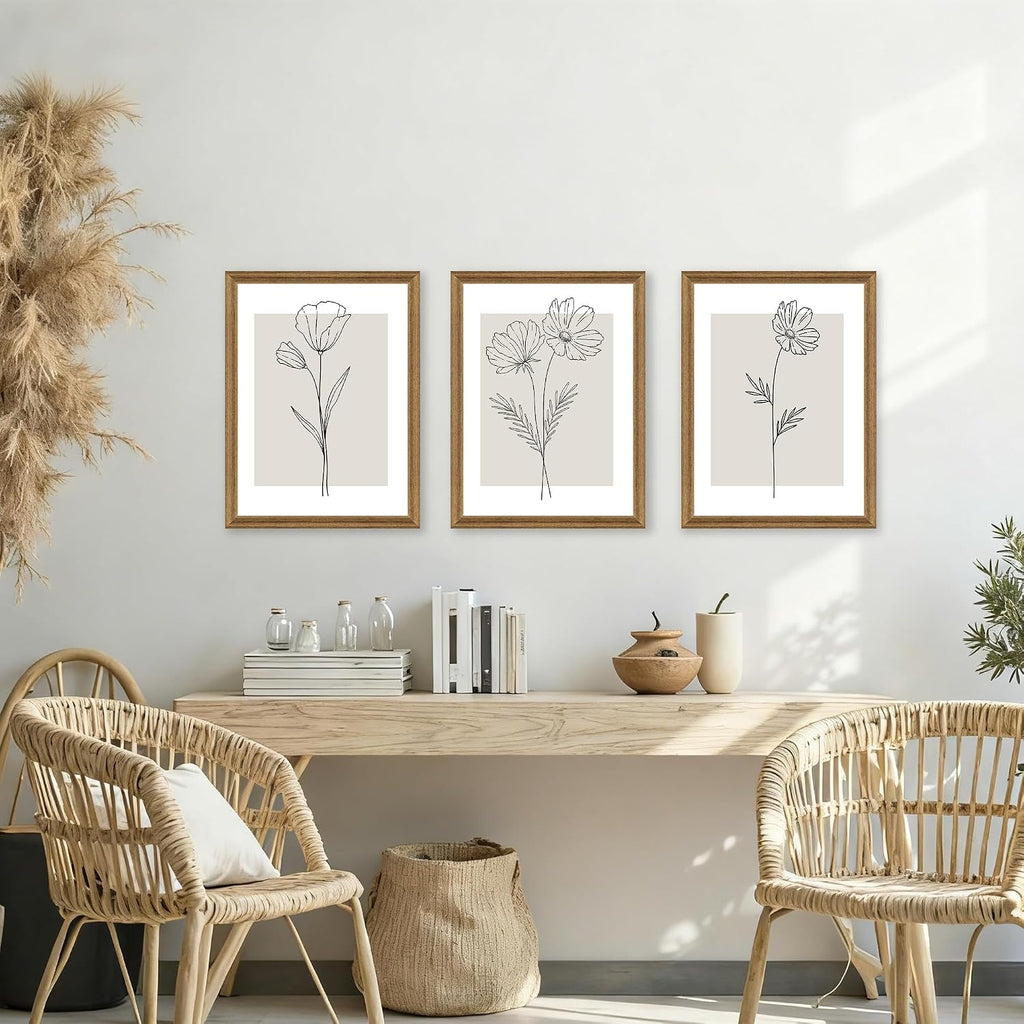 Neutral Botanical Floral Wall Art, Black and White Farmhouse Flowers Wall Decor, Modern Minimalist Line Art Canvas