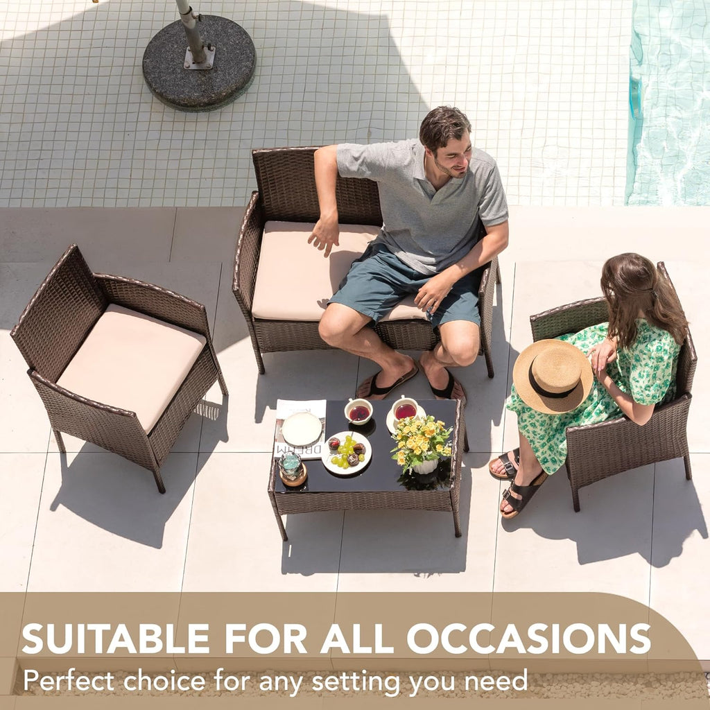 4 Pieces Outdoor Patio Furniture Set, PE Rattan Wicker Chairs Balcony Lawn Porch Patio Furniture Sets with Beige