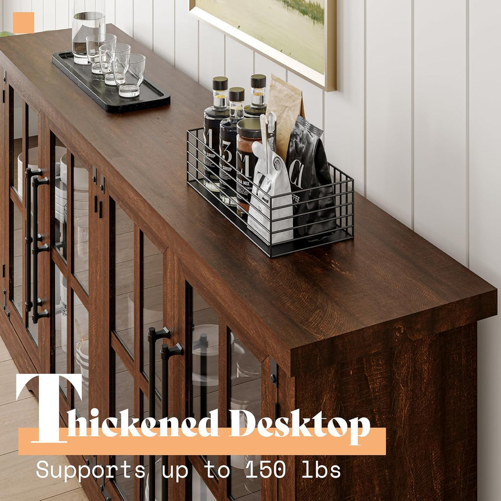 Farmhouse 63" Buffet Sideboard Cabinet with Glass Door, Large Storage Cabinet with Adjustable Shelf