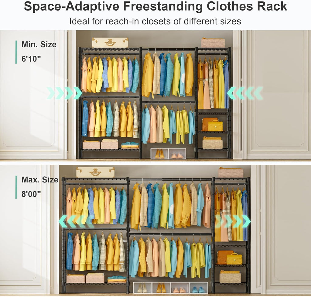 E01 Expandable Heavy Duty Clothes Rack, Free Standing Closet System | 72.5-96" Adjustable Portable Garment & Clothing