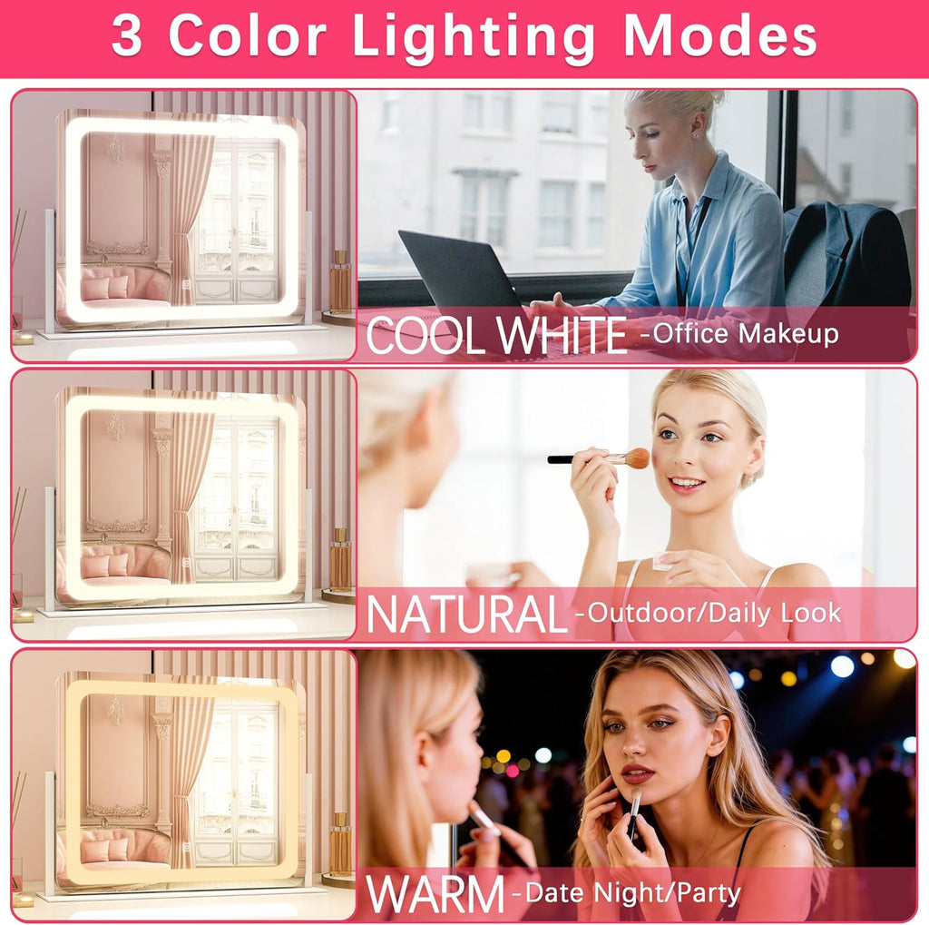 Large Vanity Mirror with Lights, 22"x17" Lighted Makeup Mirror for Desk, 3 Color Dimmable LED Lights, Smart Touch