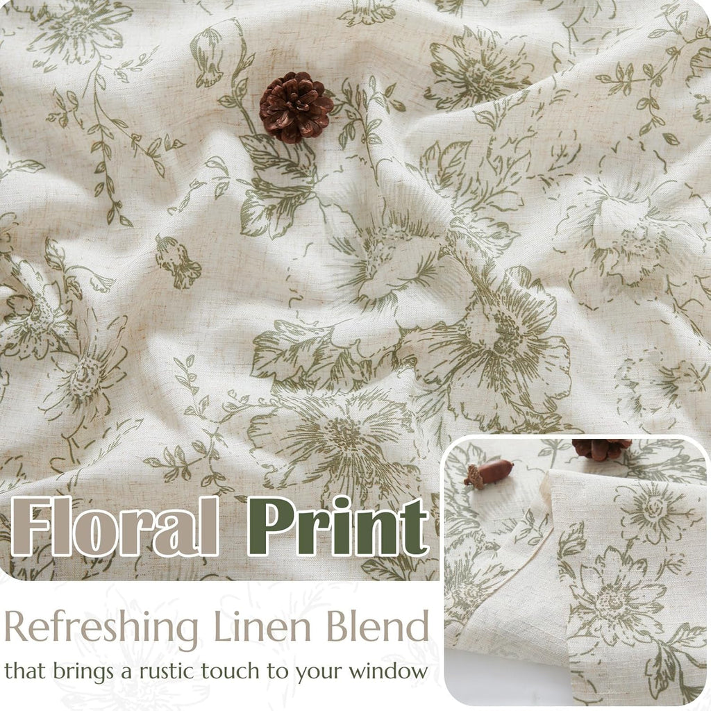 Linen Valance Curtain Farmhouse Sage Green Floral Window Valance, French Country Flower Drapes for Kitchen