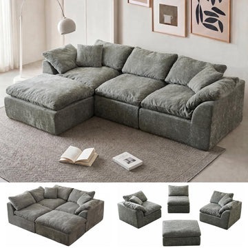 110" Boneless Cloud Couch Sectional, Oversized Modular L Shaped Sofa with Ottoman, Deep Seat Chenille Sectional