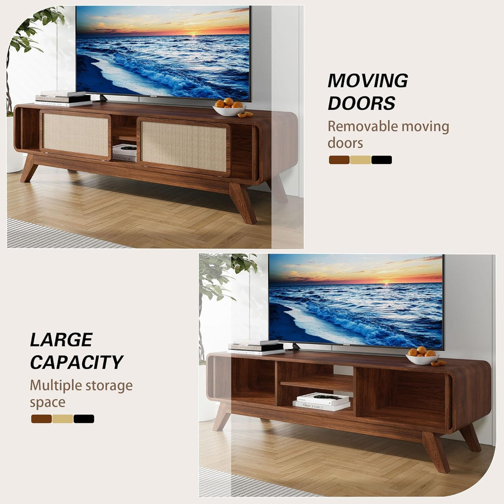 Mid Century Modern TV Stand for TVs up to 65'', Farmhouse Entertainment Center with Storage, TV Cabinet Table with Nature Linen Doors, Media Console TV Consoles for Living Room Bedroom (Walnut)