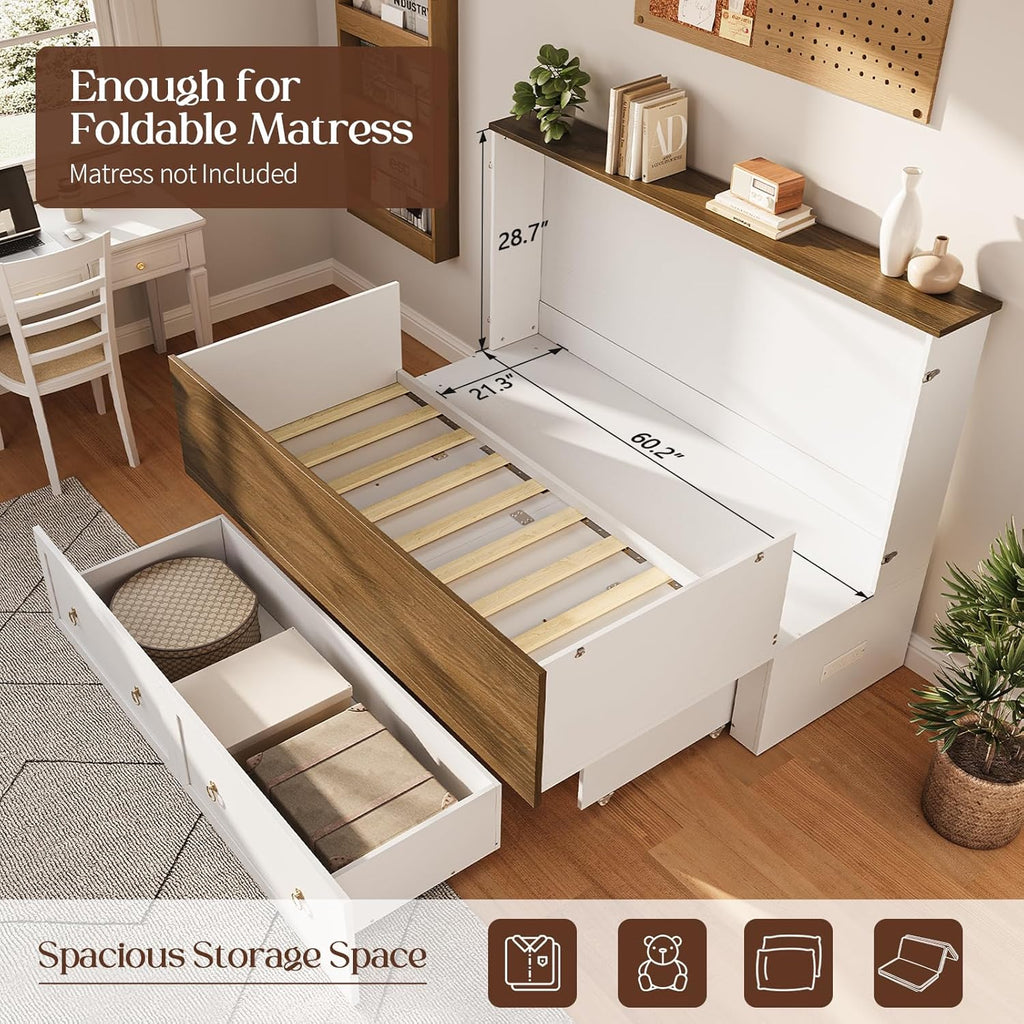 Queen Murphy Bed with Charging Station - Rattan Queen Bed Frame with Storage Drawers, Wood Cabinet Beds for Guest