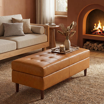 45" Upholstered Ottoman Coffee Table Bench, Faux Leather End of Bed