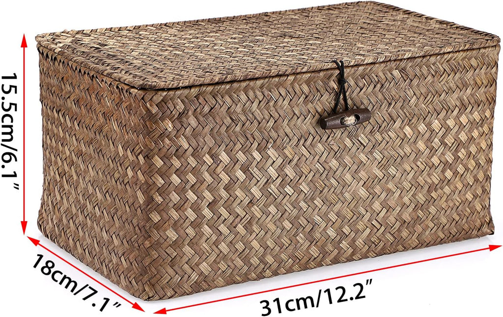 Wicker Shelf Baskets Storage Bin with Lid Handwoven Seagrass Basket | Rectangular Household Basket Boxes for Shelf