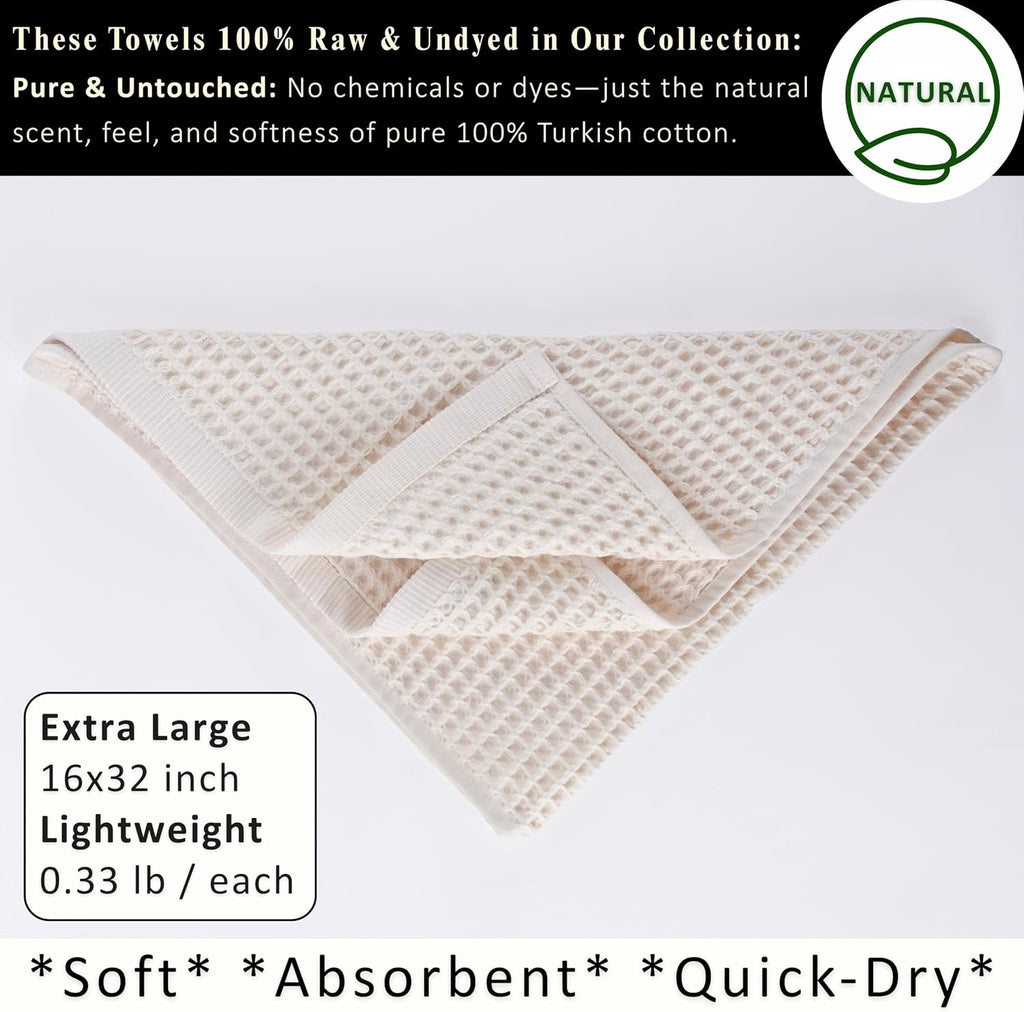 Natural 100% Turkish Cotton Waffle Kitchen and Hand Towels, 3-Piece | Raw-Undyed 32x16" Large Soft Absorbent